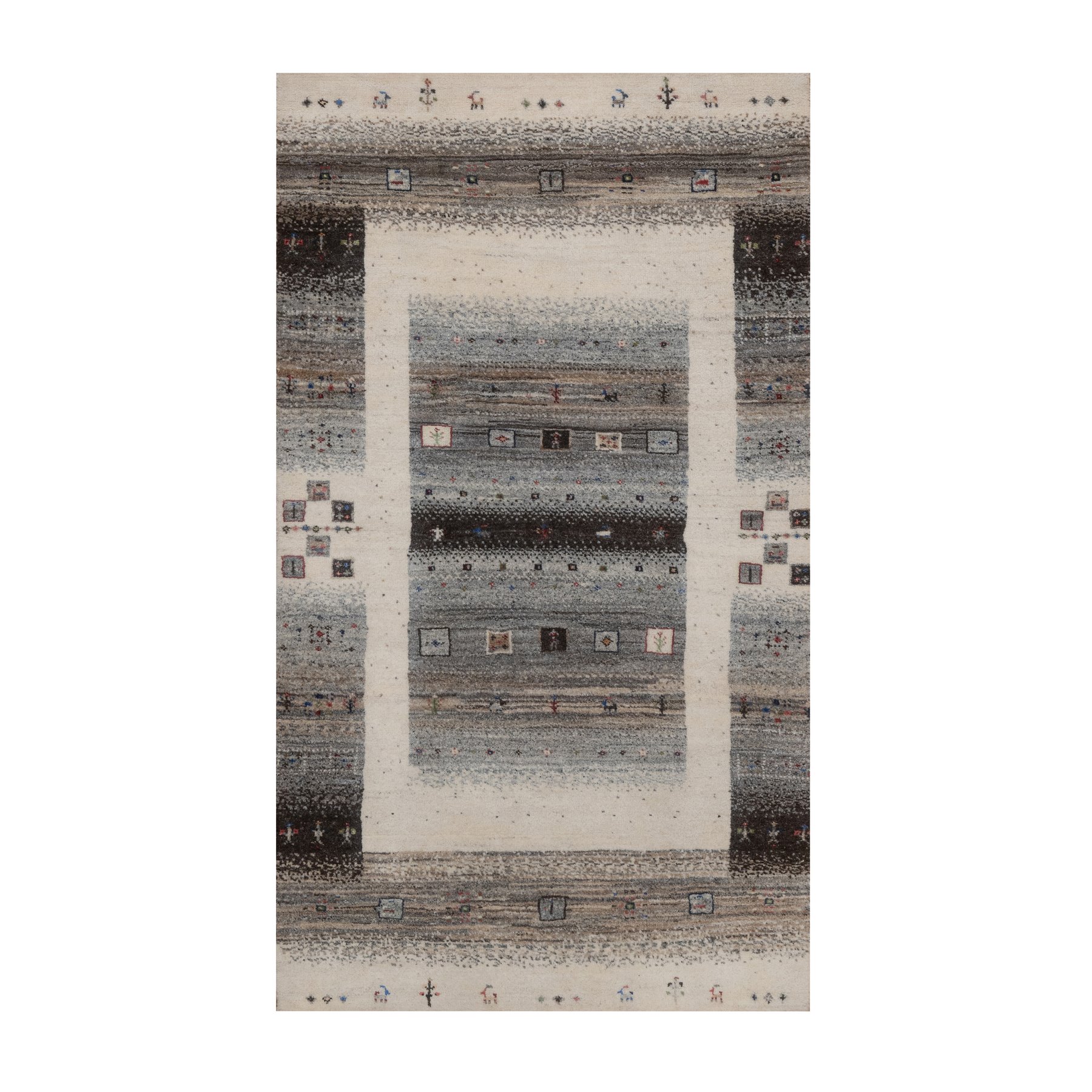 Parchment White, Thick and Plush, Lori Buft Gabbeh with Small Animal and Human Figurines, Modern, Pure Wool, Hand Knotted, Oriental Rug